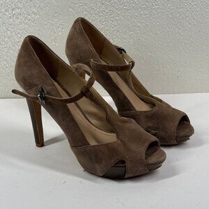 Kenneth Cole Platform Heels T-Strap Taupe Suede Peep Toe Heel Size 8.5